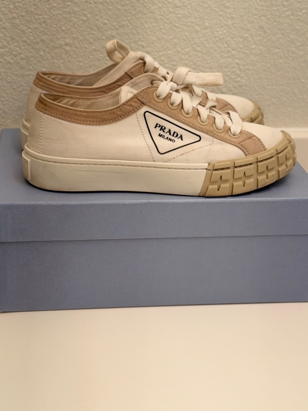 Prada Cream and Tan Canvas Low-Top Sneakers